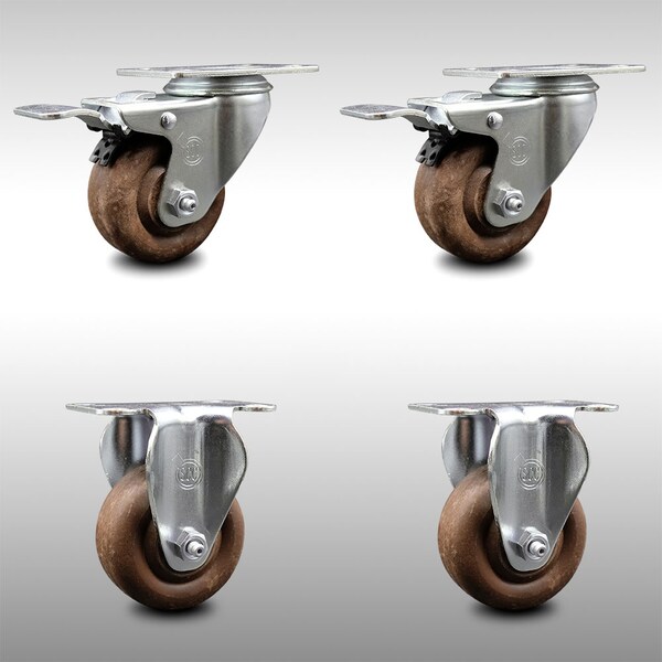 3.5 Inch SS High Temp Glass Filled Nylon Top Plate Caster Brake 2 Rigid, 2PK